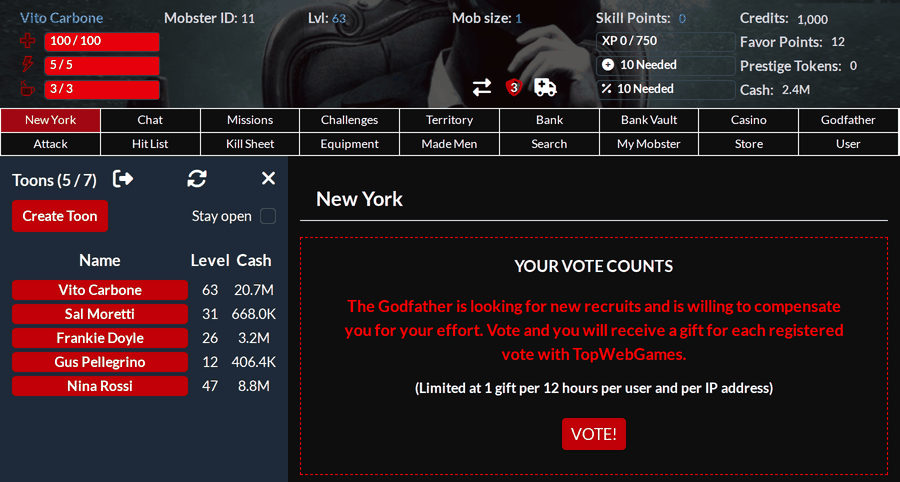 Screenshot of the Mobsters United game with the account drawer open on the left, listing five mobsters with their level and cash, and a Create Toon button above the list
